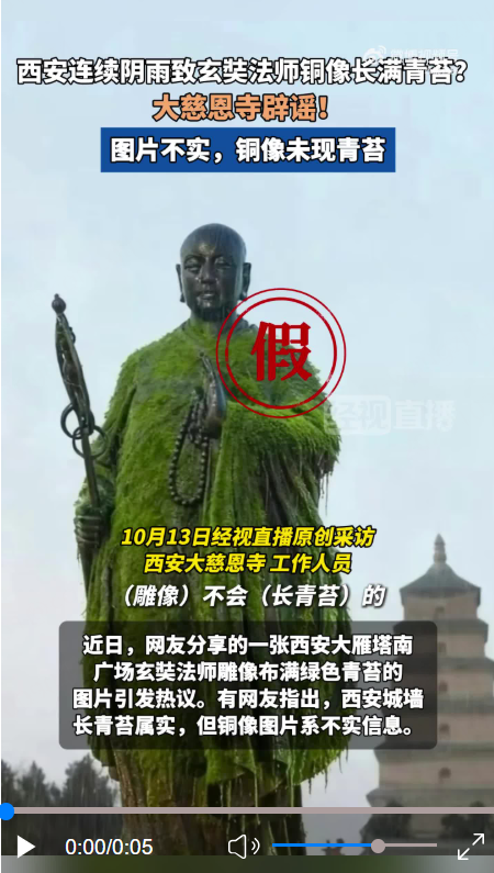 铭创配资 大雁塔玄奘铜像长满青苔？官方回应
